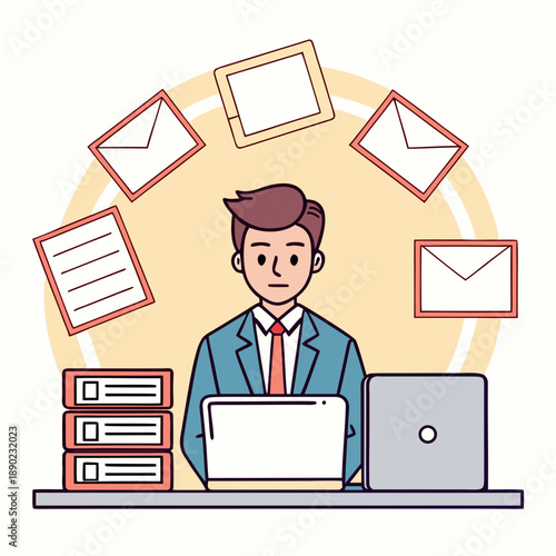 Office worker stress multitask busy deadline paperwork email laptop