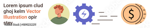 Productivity, efficiency, economy, business process, finance, innovation. Illustrated gear with energy symbol, coin and person. Productivity and efficiency concepts visually