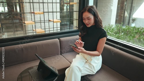 Smiling young Asian female entrepreneur working in a modern coworking space. Stylish businesswoman multitasking with a digital tablet and phone