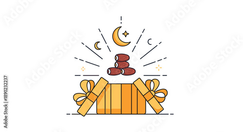 Ramadan gift box illustration with dates and a crescent moon symbolizing blessings and generosity during the holy month perfect for Islamic celebrations and greetings, Generative AI.