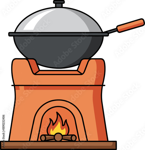 Traditional clay stove with fire and cooking pot vector illustration