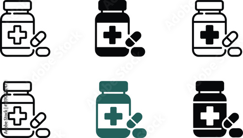 Medicine bottle and pills icon set for healthcare pharmacy medical treatment minimal vector symbols on white background design collection