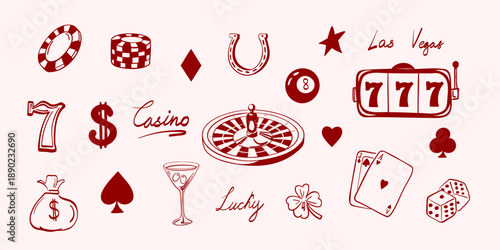 Hand drawn casino set with gambling symbols including slot machine, cards, dice, and roulette. Vintage doodle style vector illustration.