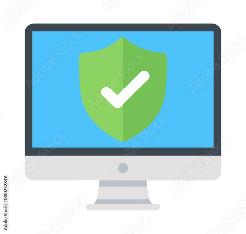 Computer monitor displaying a security shield with checkmark