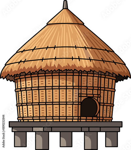 Traditional round bamboo hut with thatched roof on stilts vector