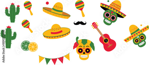 Mexican fiesta icons set featuring sombrero cactus maracas sugar skull guitar decorations for Cinco de Mayo celebrations festive