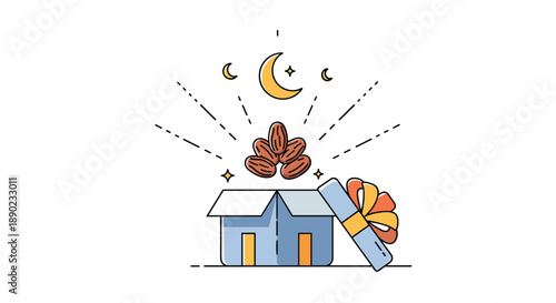 Ramadan Gift of Dates: An open gift box with a ribbon revealing dates radiating light under a crescent moon symbolizing blessings and the spirit of giving during Ramadan, Generative AI.
