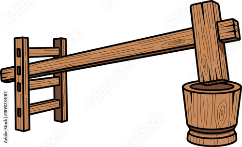 Traditional wooden dheki manual rice husking tool vector illustration