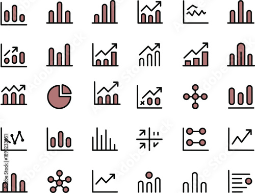 Minimal analytics and data visualization icon set with charts graphs statistics business finance growth trends flat vector design