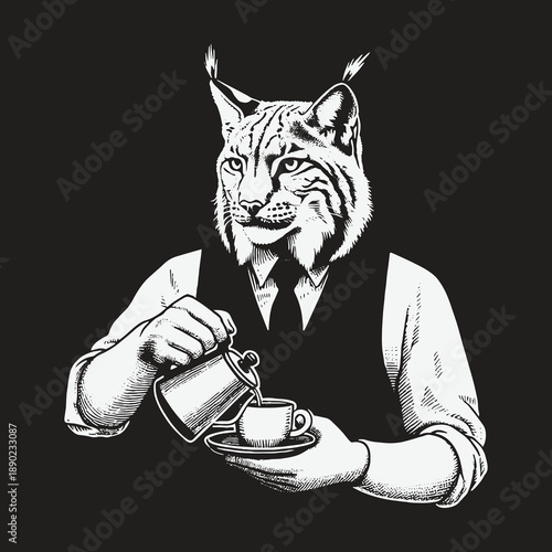 Lynx Barista: A Feline Connoisseurs Coffee Break in Monochrome.