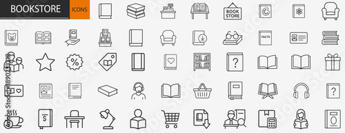 Bookstore icons set, thin line book shop elements and library education vector illustration for literature and reading