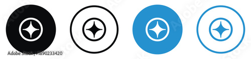 Decorative sparkle icons or feature highlight symbols. Minimalist four-pointed star inside a circle, provided in solid and line variations in black and blue colors. Perfect for UI special effects.