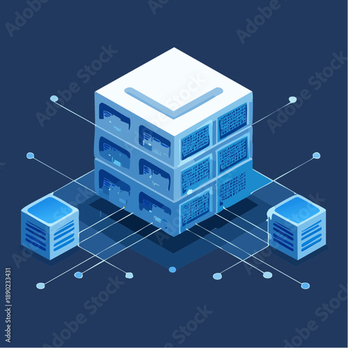Futuristic isometric data server module with digital connectivity lines on dark background