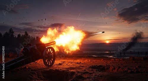 A cannon firing at sunset with a forest in the background.