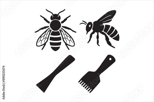 Black and white illustration of bees and beekeeping tools on white