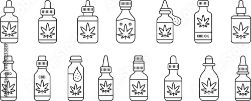 Minimal line icon set of CBD oil bottles with cannabis leaves, medical hemp tincture packaging illustrations vector outline symbols