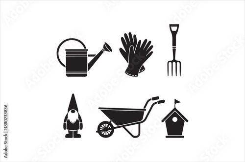 Gardening tools and elements in a simple black and white illustration