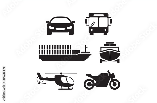 Black silhouettes of various transportation vehicles including cars buses and ships
