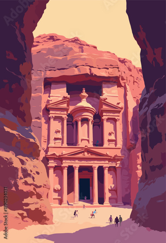 Vertical retro poster Petra, Jordan Treasury Carved rock facade warm rose orange sunset colors Flat style