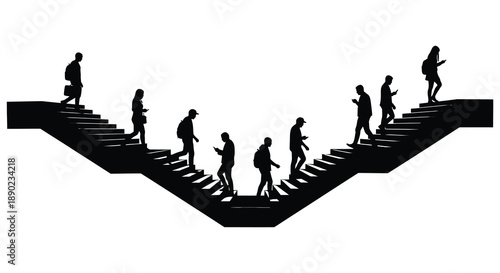 A group of people ascend and descend a staircase mirrored on both sides creating a striking visual composition silhouette high quality