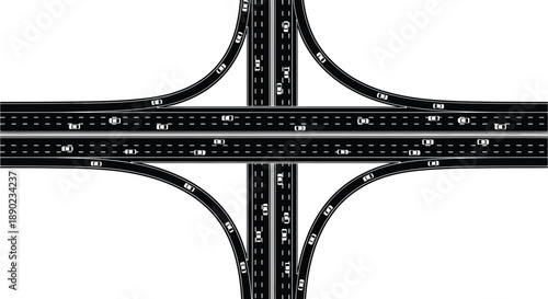 A complex highway interchange design is presented in a stark black and white illustration showcasing a modern road network silhouette