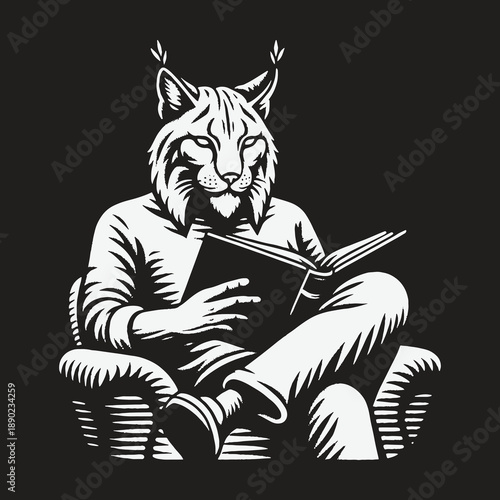 Lynx engrossed in a captivating book seated comfortably in an armchair.