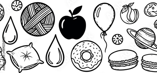 Hand drawn black line art of yarn ball pillow water drops apple balloon donut macarons with planet shapes scattered horizontally in seamless pattern