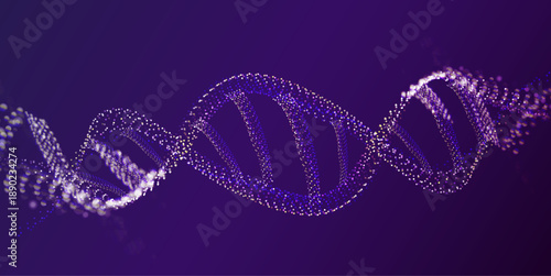 Spiral DNA code concept. Molecule background. Ai structure dna helix in blurred particles dots. Medical Biology vector illustration.