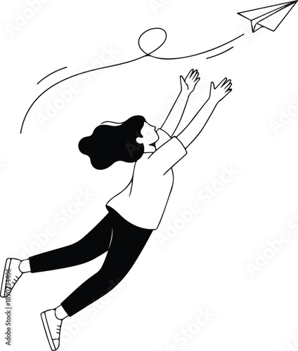 Chasing Dreams: Whimsical Paper Airplane Line Art
