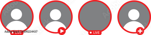 Social Media Live Profile Frame Icons Set, User Avatar with Live Badge, Play Button and Add Friend Symbols, Modern UI Editable Vector