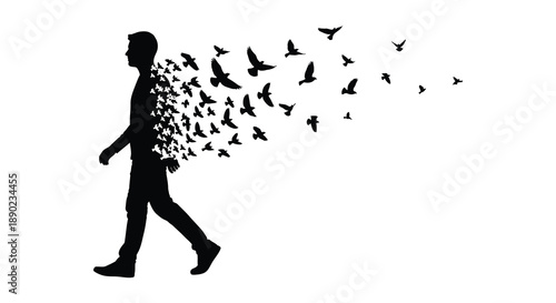 A man walking with birds emerging from his back representing freedom and release depicted as a striking silhouette high quality professional