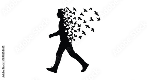 A striking image depicts a person walking with birds flying from their form creating a symbolic and artistic silhouette high quality