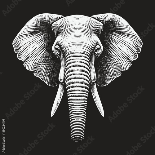 Detailed Engraving of an Elephant Head on Black Background.