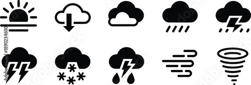 Minimal weather icon set showing sun clouds rain snow wind storm lightning tornado flat black vector symbols design