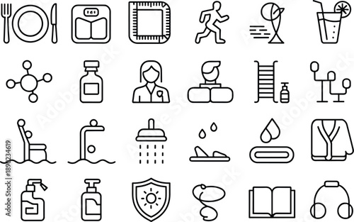 Minimal wellness and lifestyle line icon set featuring fitness, hygiene, food, healthcare, swimming, spa, health routine symbols collection design