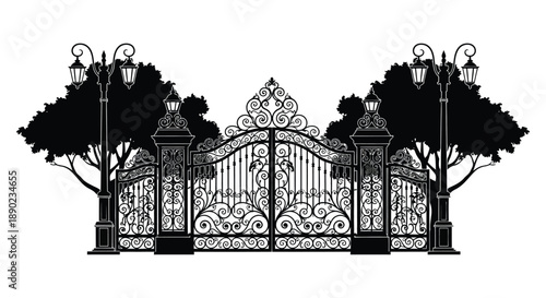 An ornate wrought iron gate is framed by lush trees presented as a striking black silhouette high quality professional detailed modern
