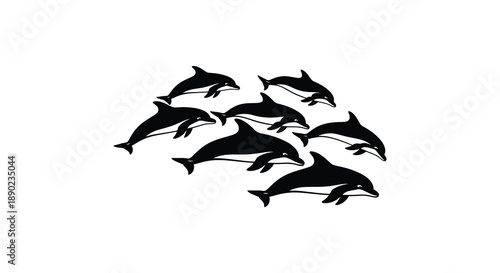A group of leaping dolphins are dynamically captured in a striking black silhouette against a plain white background high quality professional