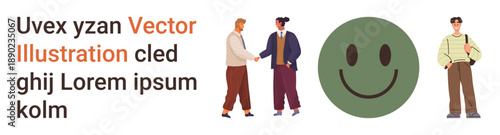 Communication, social interaction, teamwork, emotional expression, positivity, typography design. Two figures shaking hands, a smiling face icon and abstract text elements. Communication
