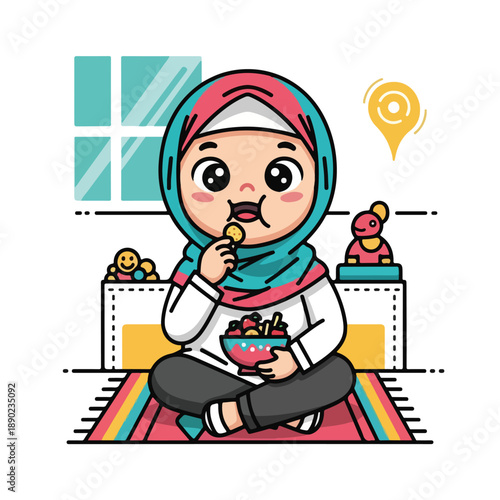 Cartoon girl wearing hijab eating snack sitting on colorful rug indoors