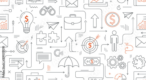 Comprehensive business and financial line icon set featuring money symbols growth charts and strategy elements for corporate design vector