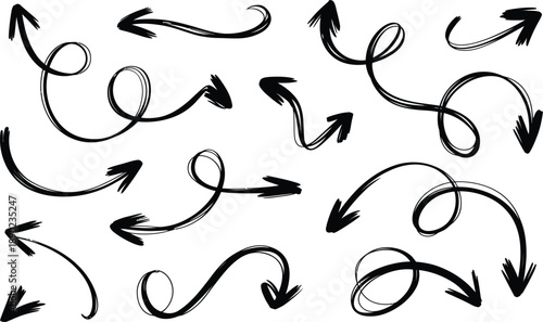 Collection of hand-drawn arrows and swirls, quirky directional symbols