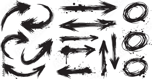 Set of grunge black ink brush stroke arrows and circles. Vector hand painted paint splatter directional signs and highlight markers.