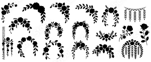 Floral Wreath Frames Collection Silhouette Set, Floral Wreath Vector, floral, frame, ornament, flower, silhouette, element, set, border, leaves, leaf, vector