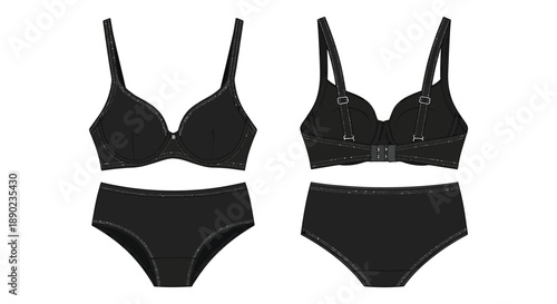 A black bikini set including a bra and high waisted bottoms is displayed in a flat lay illustration silhouette high quality professional