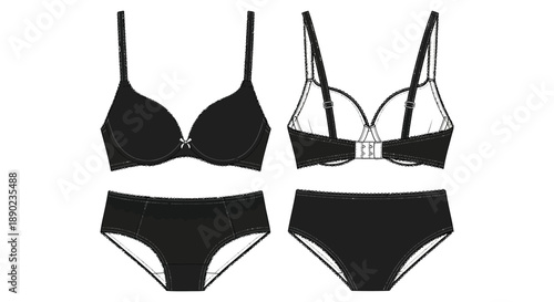 Two black lingerie sets including bras and panties are displayed on a white background a stark silhouette high quality professional detailed