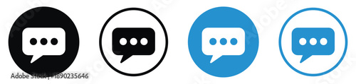 Four chat bubble icons with ellipses, presented in black and blue circular styles. Vector symbols for communication, messaging, social media, and customer support interface design.