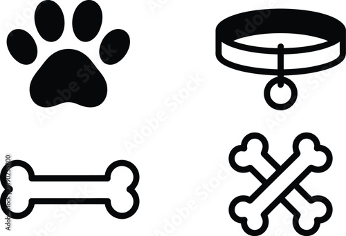 Simple black vector icons of a dog paw print, collar with tag, and dog bones on a white background