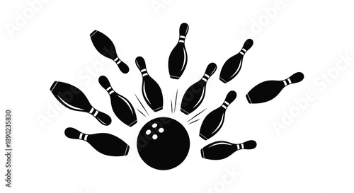 A dynamic depiction of a bowling ball striking pins resulting in a scattered arrangement in silhouette high quality professional detailed modern