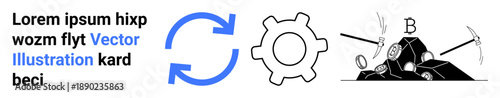 Business processes, mining resources, technology, data sharing, industrial operations, workflow optimization. A refresh symbol, gear icon and mining scene are . Process and mining resources concept