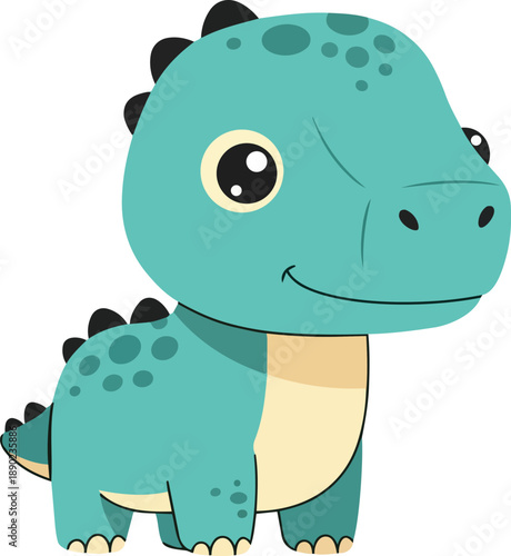 A cartoon dinosaur stands smiling with big eyes and spiky back on a plain background viewed from the side